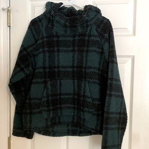 PINK Teddy Bear Sherpa Green Plaid Funnel Neck Pullover Size Small